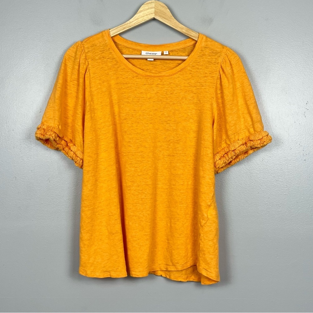 Chico’s orange 100% linen knit fringe trimmed short sleeve top, large.